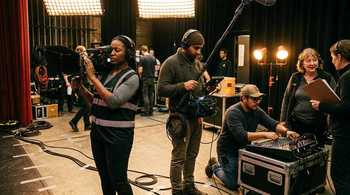Equipe de produção audiovisual em ação